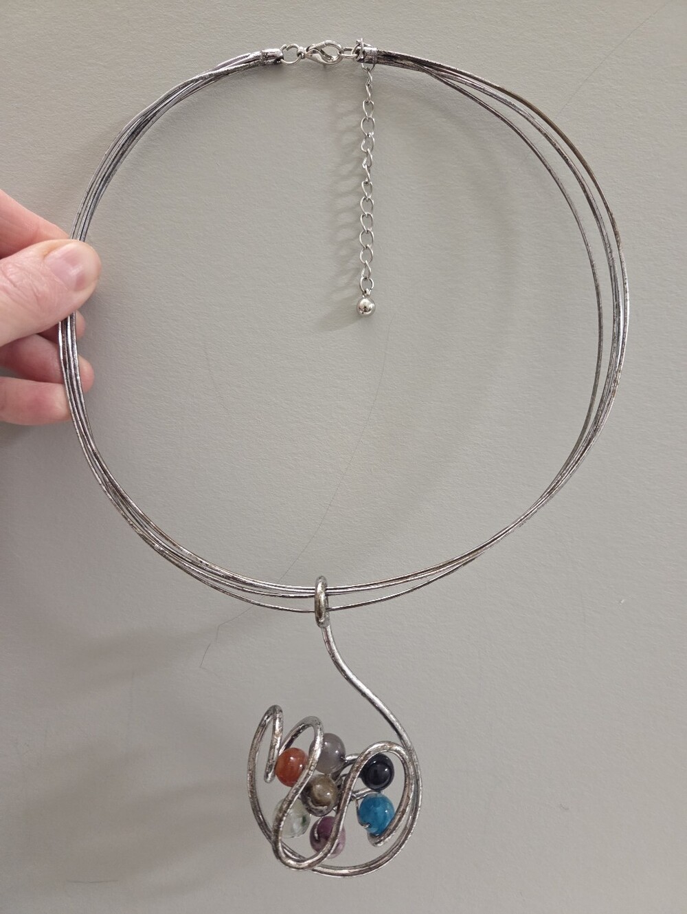 Handcrafted Silver Tone Abstract Wire Torque Choker Statement Necklace Planets